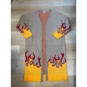 Love Sense Flame Women's Cardigan M Gray Yellow Red Distressed Hem Oversized Kni